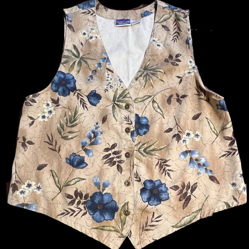 VINTAGE woodland earthy floral vest 100% cotton leaves fern blossoms womens 90s